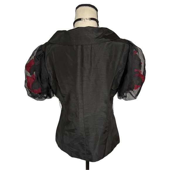 Victor Costa Black Wrap Top w/ Sheer Puff Sleeves & 3D Rose Detail | Size 10 - Picture 9 of 10
